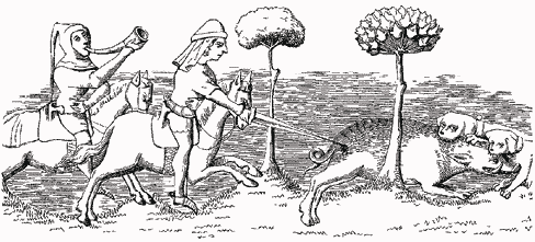 A Medieval print of dogs holding a wild boar for the hunter to kill.