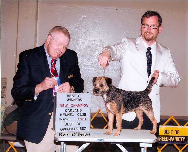 Two men standing next to a dog at a dog show.