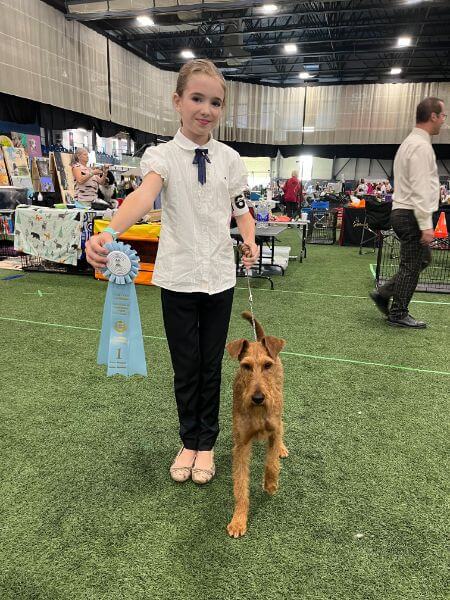 A girl standing next to a dog at a dog show.